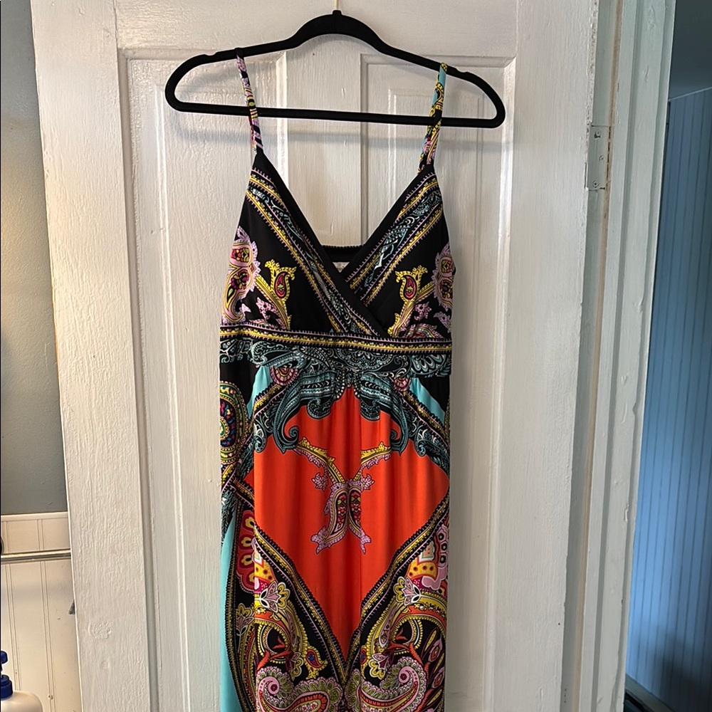 Dress Barn maxi dress, spaghetti strap colorful, size 14.